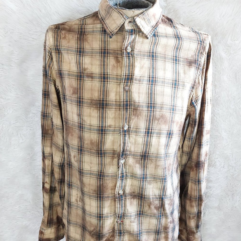 Guess Men's Brown Plaid Button Down Long Sleeve Shirt L